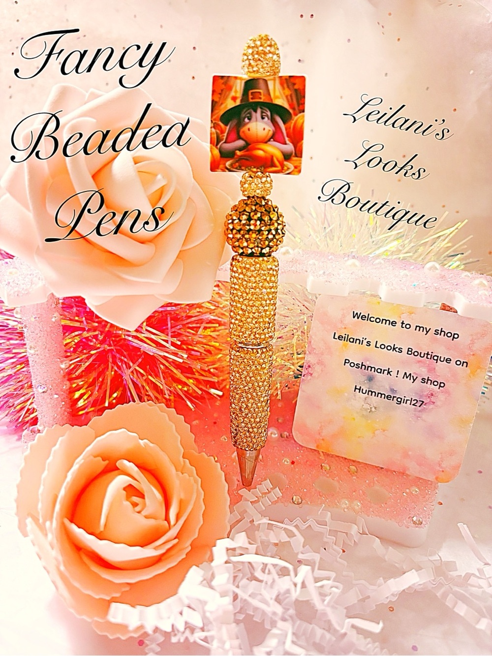 Fancy Beaded Pens
Handmade beaded pens with gold beads and a decorative top.